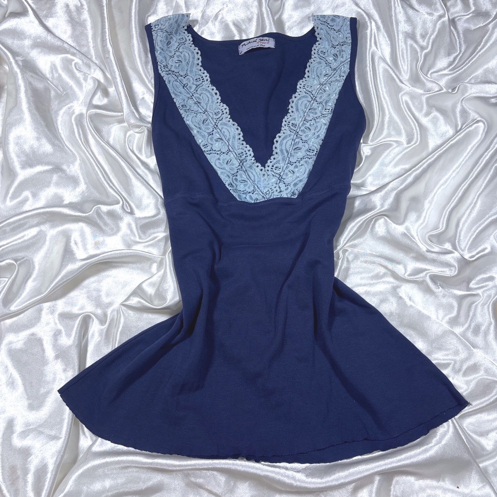 y2k Michael Stars Top Navy Blue Excellent Lace V-Neck Babydoll Lettuce Hem